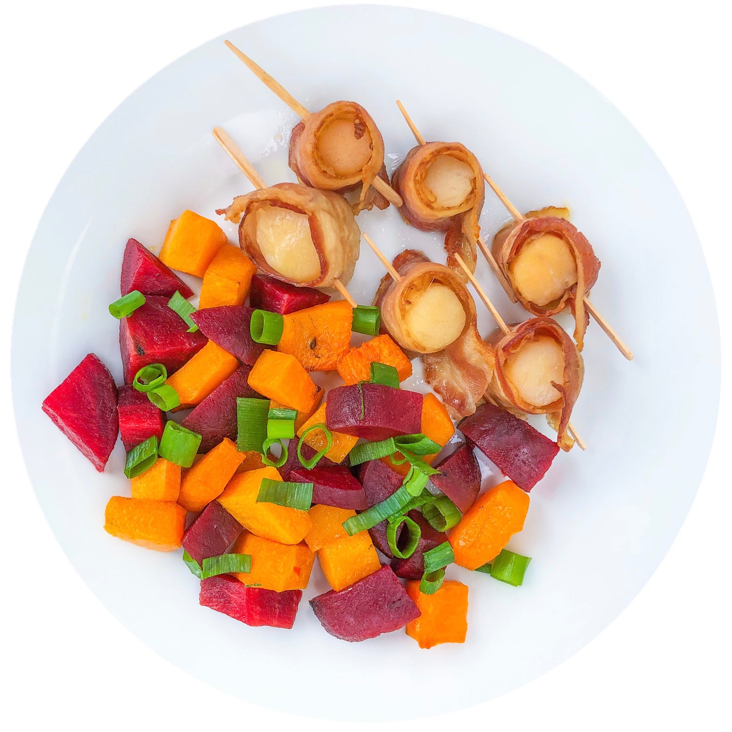 BACON WRAPPED SCALLOPS with ROASTED BEATS AND BUTTERNUT SQUASH